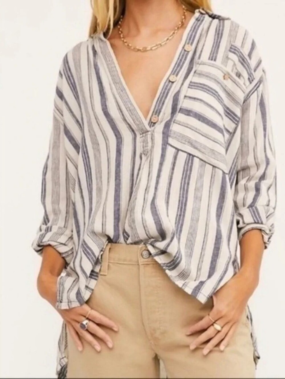 Free People Summer Breeze Linen Blend Stripe Oversized Shirt Tea Combo Size L